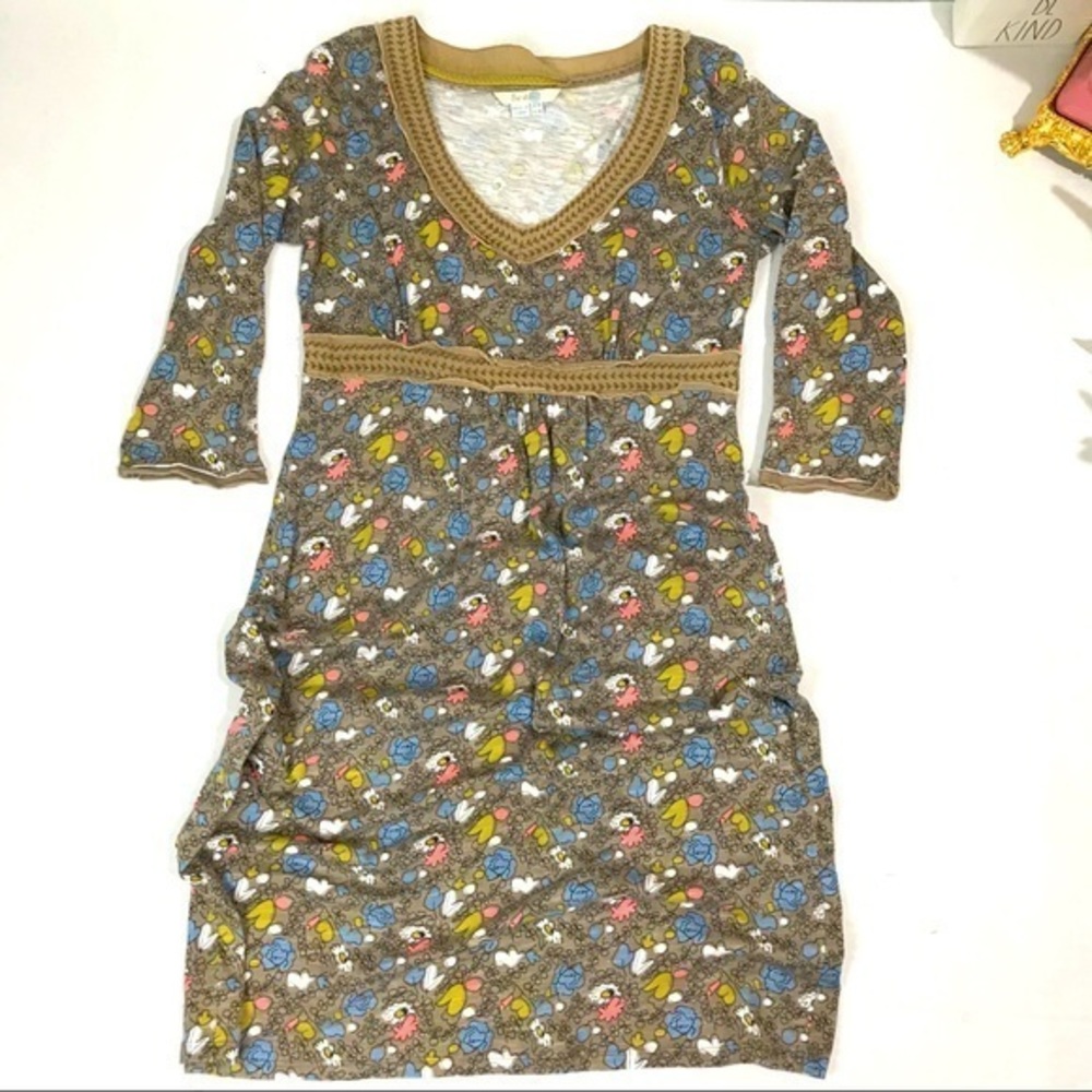 Boden Brown Floral Long Sleeve V-Neck Dress with Blue, Yellow, Pink Accents